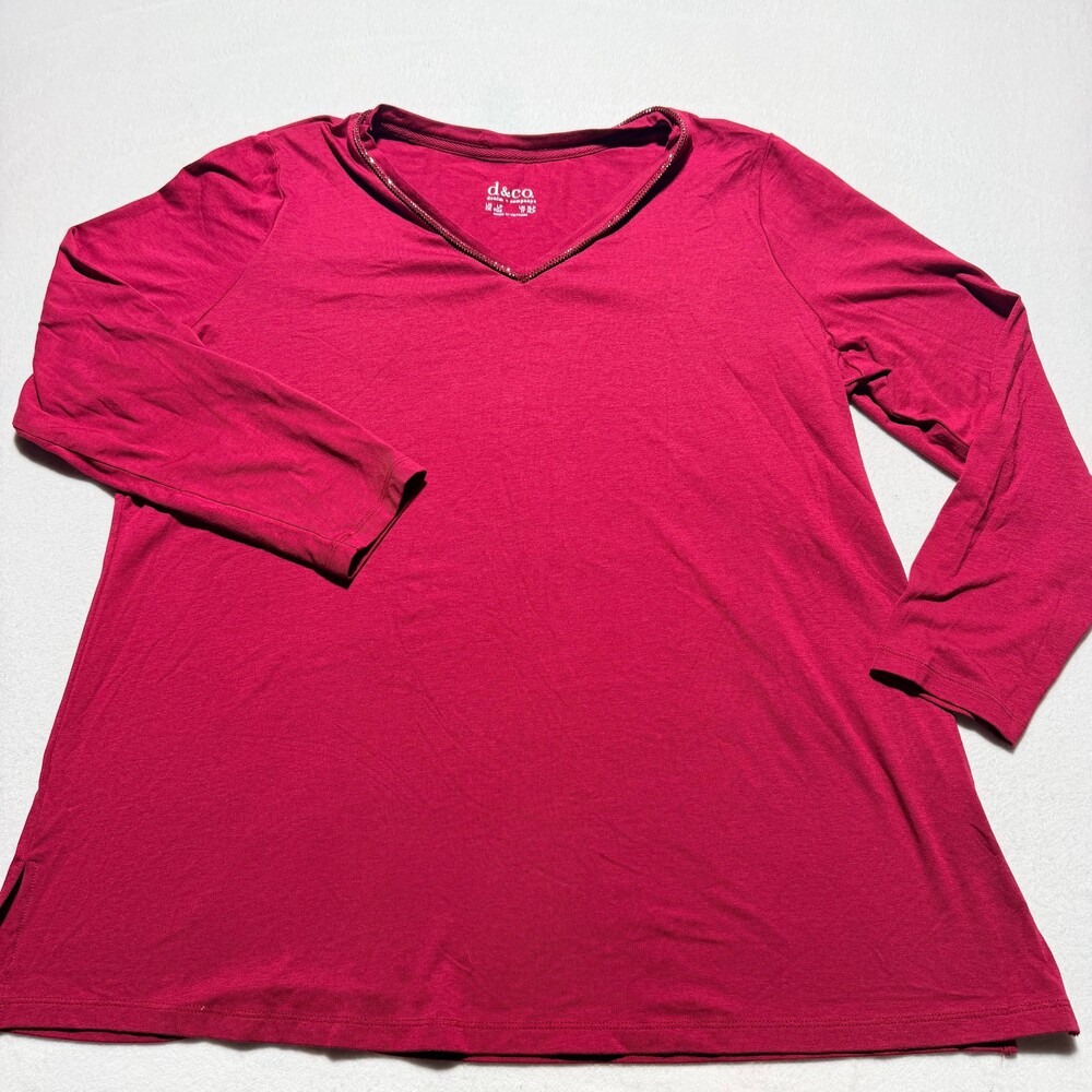 d&co. Large Red Cotton Blend Long Sleeve Top with Rhinestone Trim